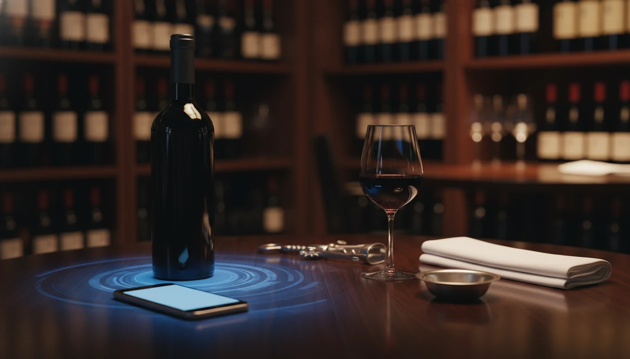 A wine bottle, phone, corkscrew, and tasting glass suggest the balance between AI and human wine advice.
