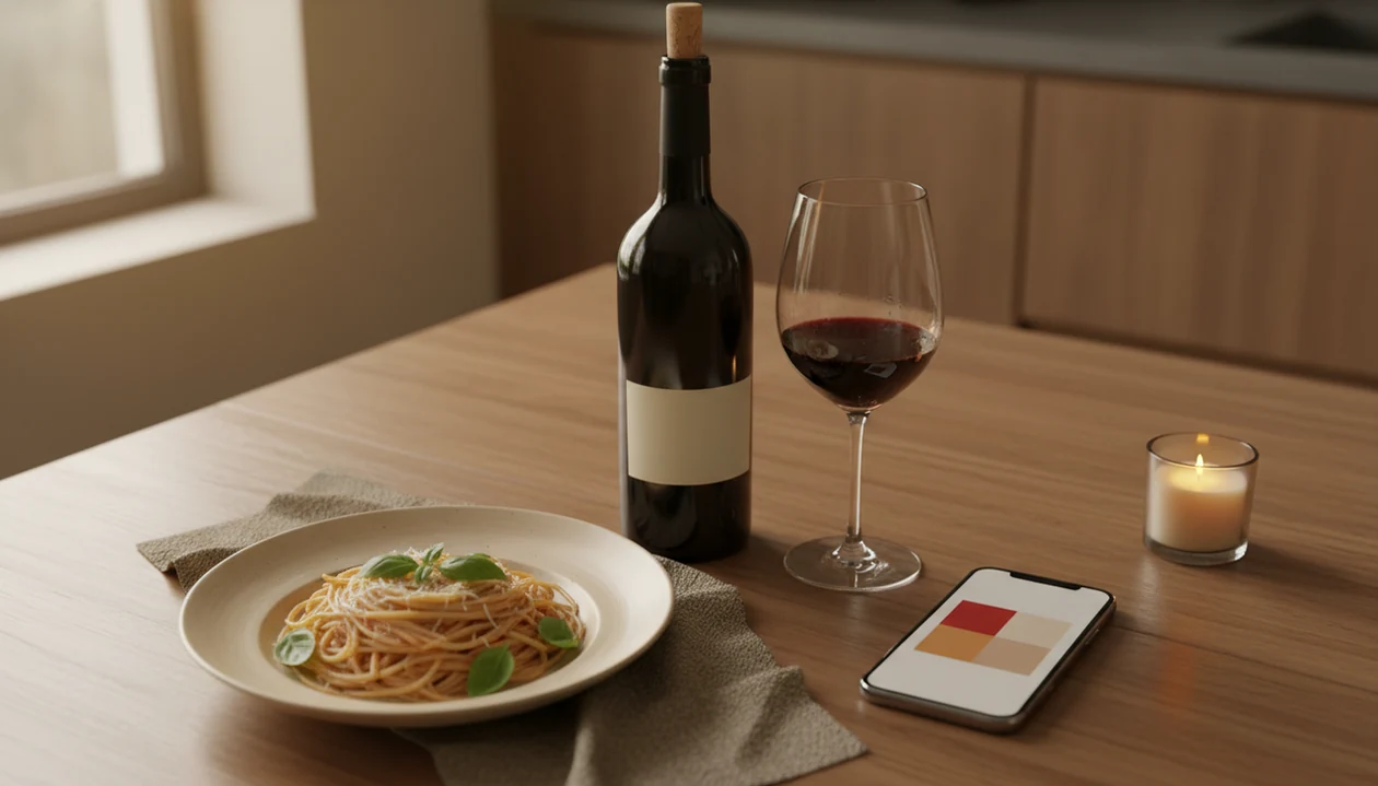 A smartphone, wine bottle, glass, and dinner plate arranged as a personal sommelier app moment.