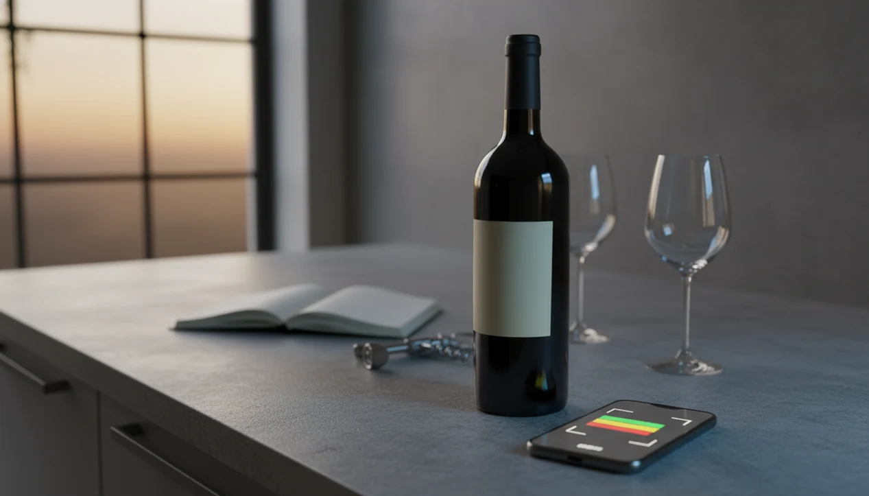 A smartphone scans a wine bottle on a kitchen counter to suggest an estimated value range.