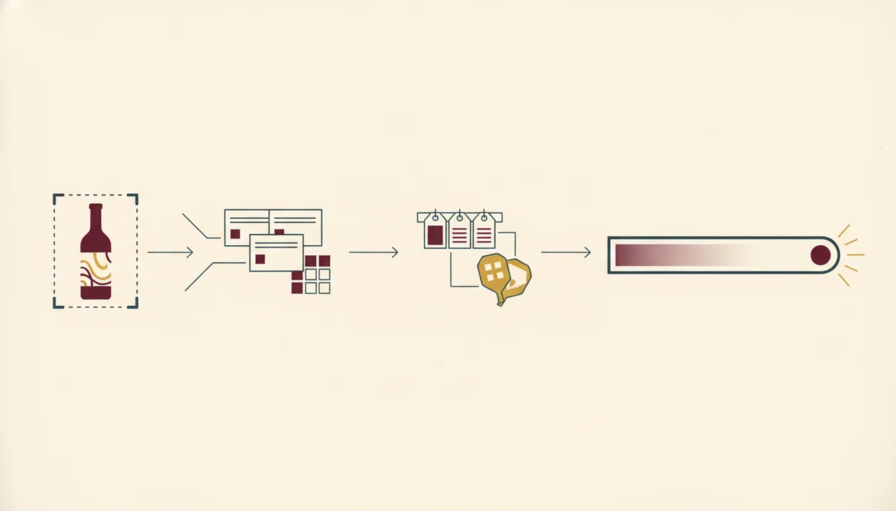 A clean diagram shows wine label scanning feeding databases and market data to produce a value range.