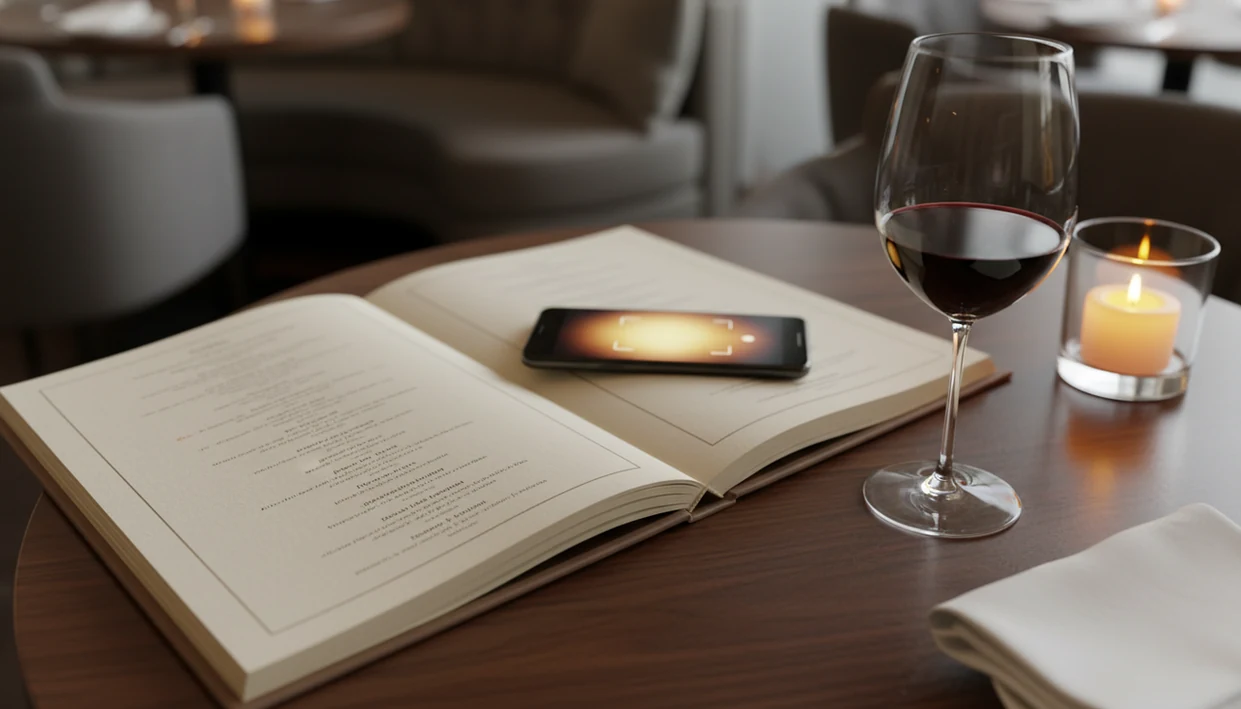 A smartphone scans an unreadable restaurant wine list on a candlelit dining table.