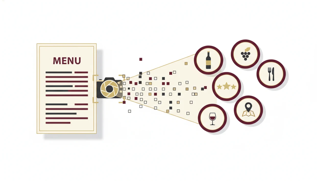 A clean diagram shows a wine menu becoming OCR blocks and wine result icons.