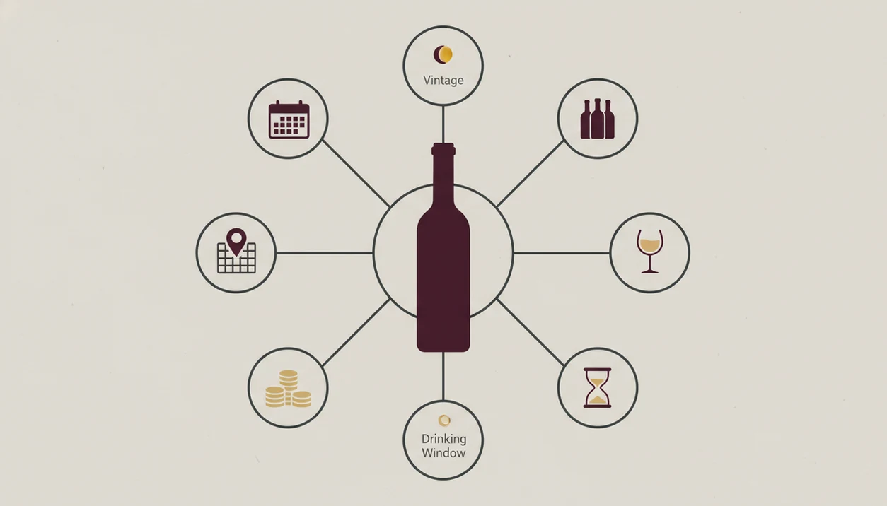 An illustrated wine bottle is surrounded by icons for the key fields used to track cellar bottles.
