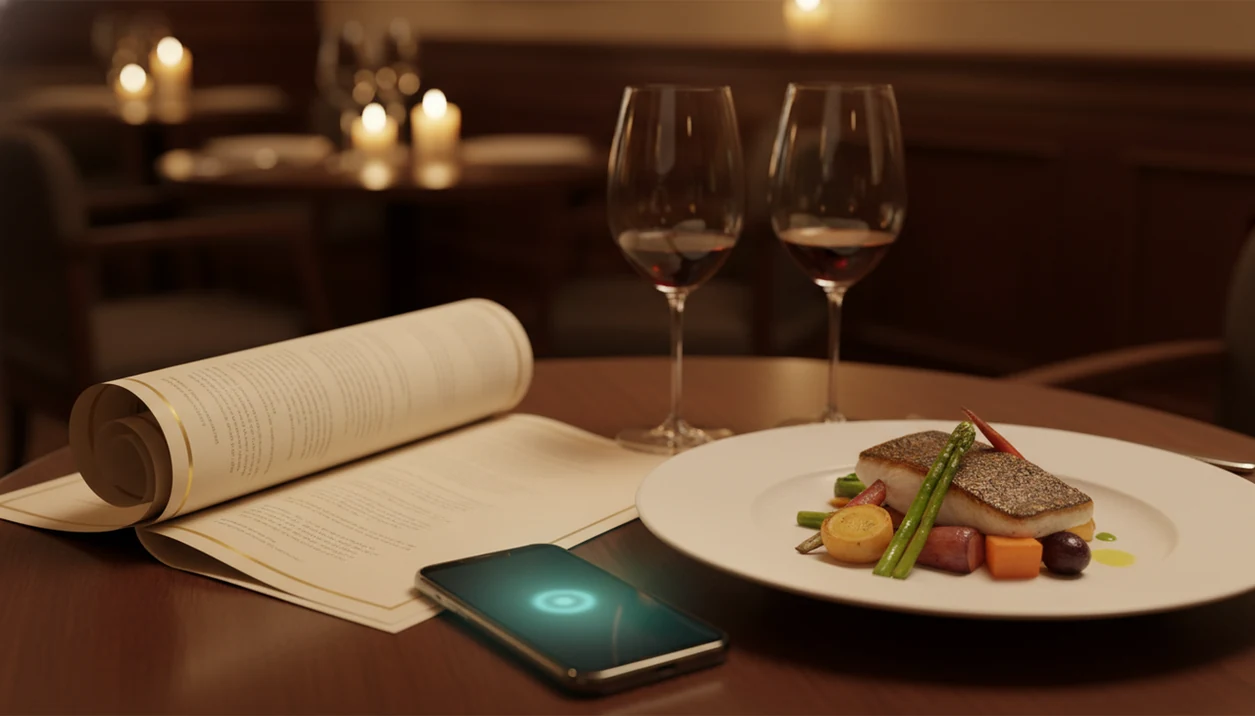 A smartphone rests beside a blurred wine list, dinner plate, and wine glasses on a restaurant table.