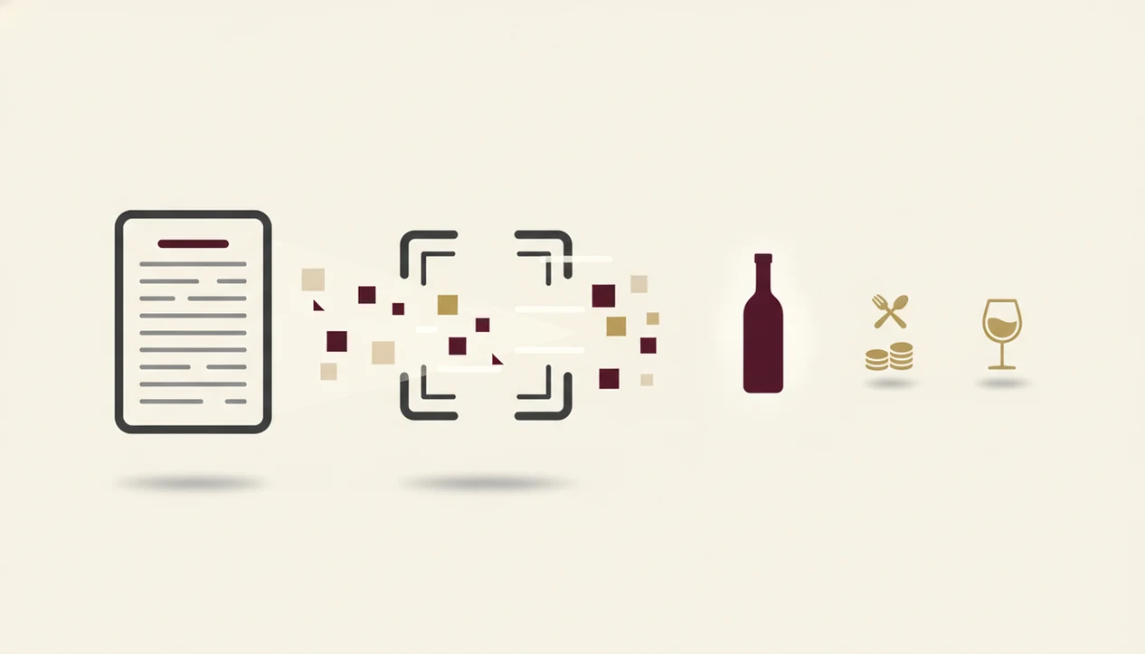 A clean diagram shows a menu scan turning into food, budget, taste, and bottle recommendation signals.