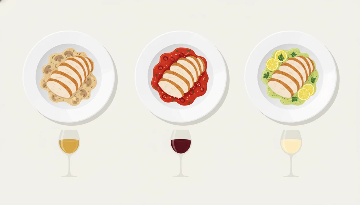 An illustration shows the same chicken with three sauces matched to different wine glass colors.