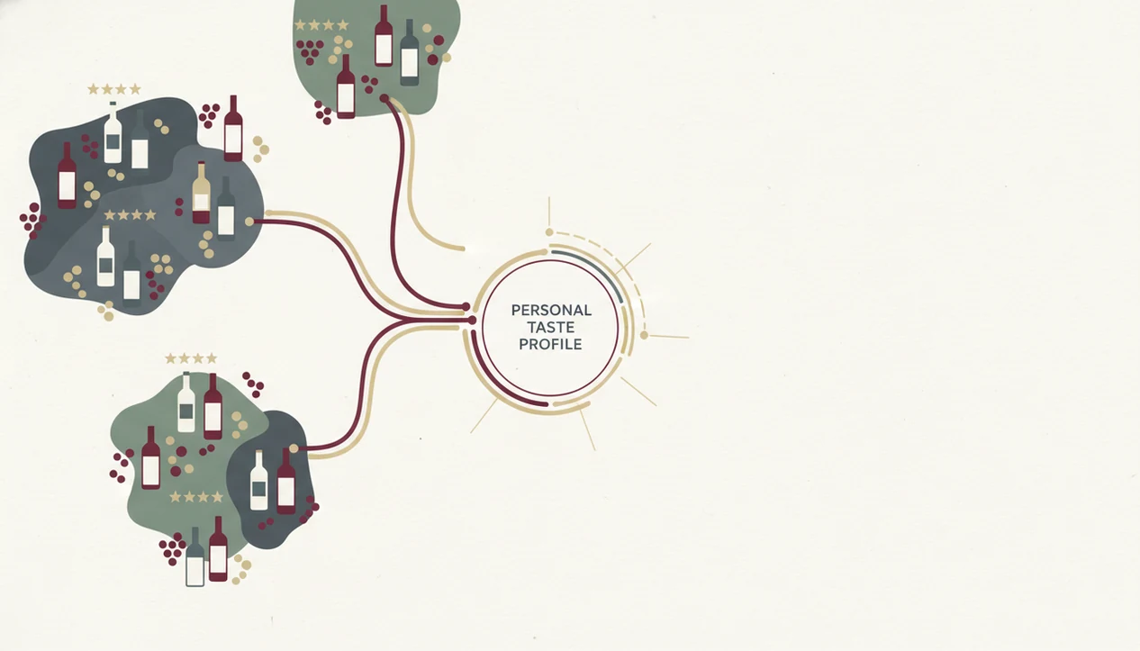 An abstract wine preference map shows saved bottles, ratings, and flavor clusters connected into a profile.