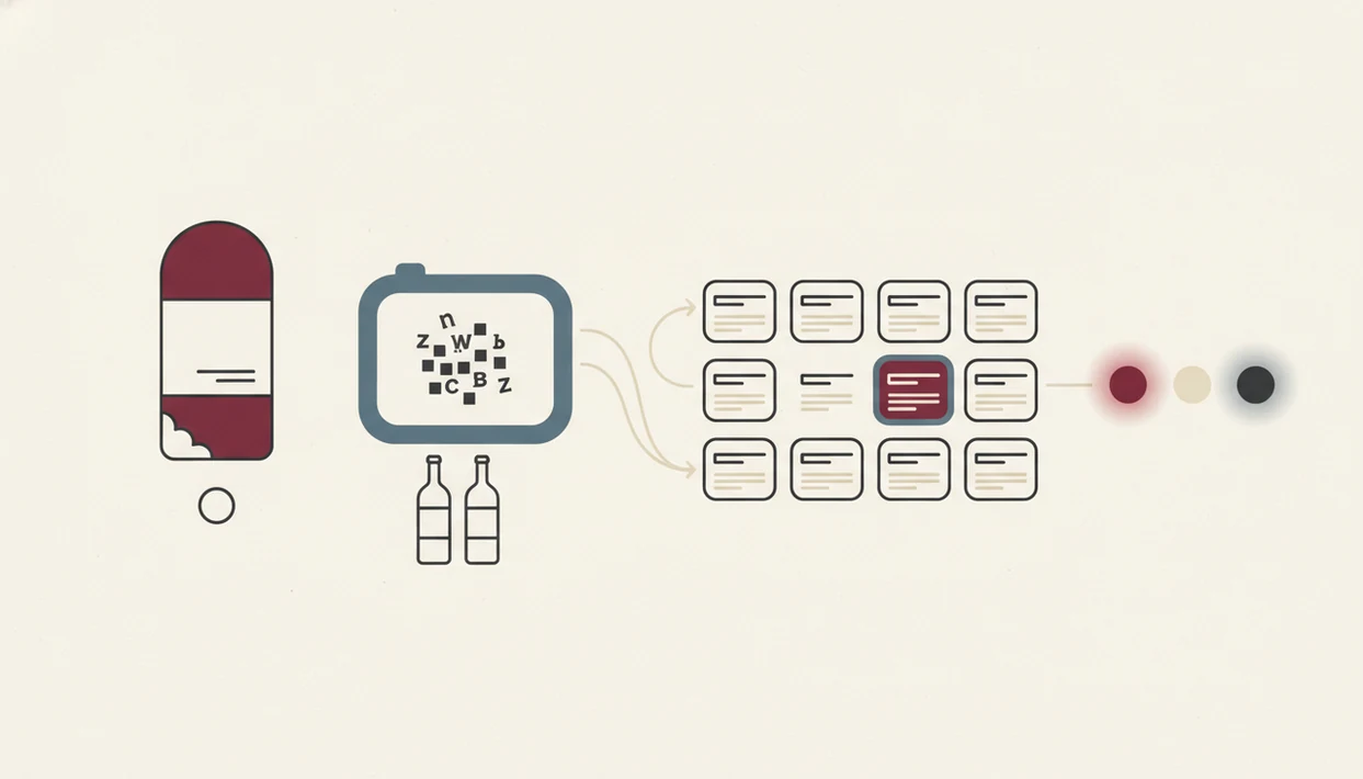 A simple diagram shows a wine scan moving from label image to OCR blocks, database cards, and match confidence.