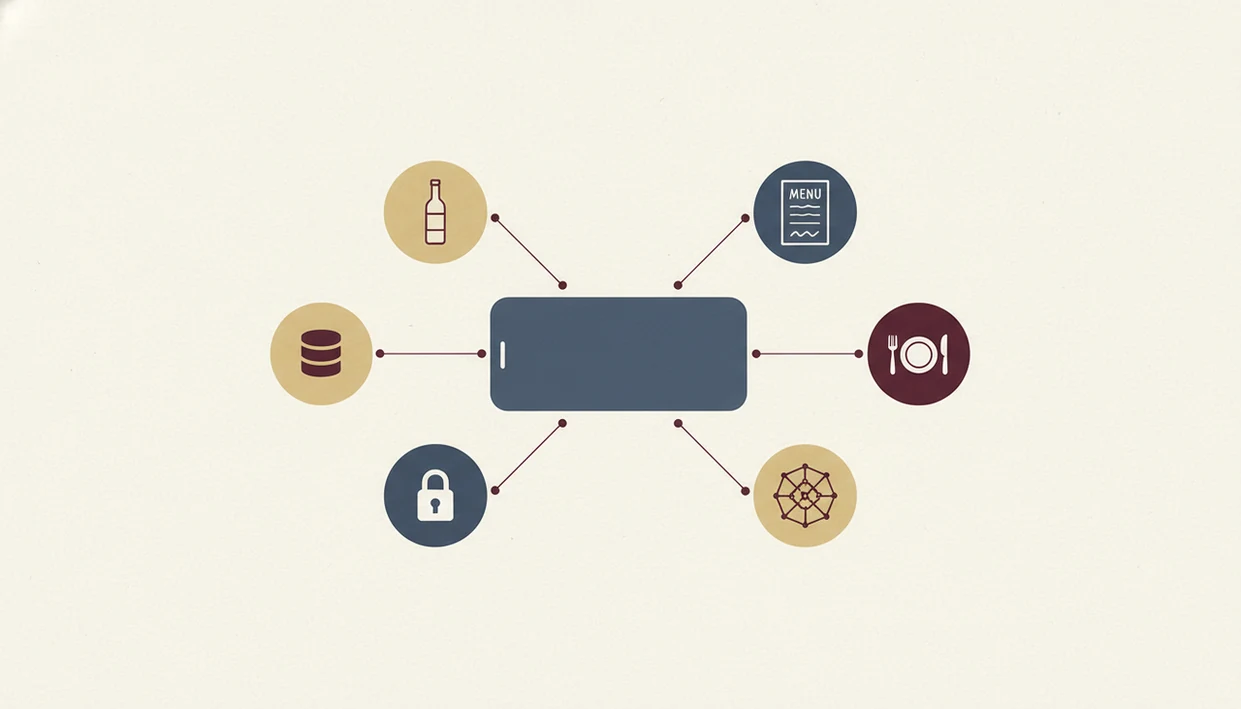 A clean diagram shows core AI sommelier app features connected around a central phone.