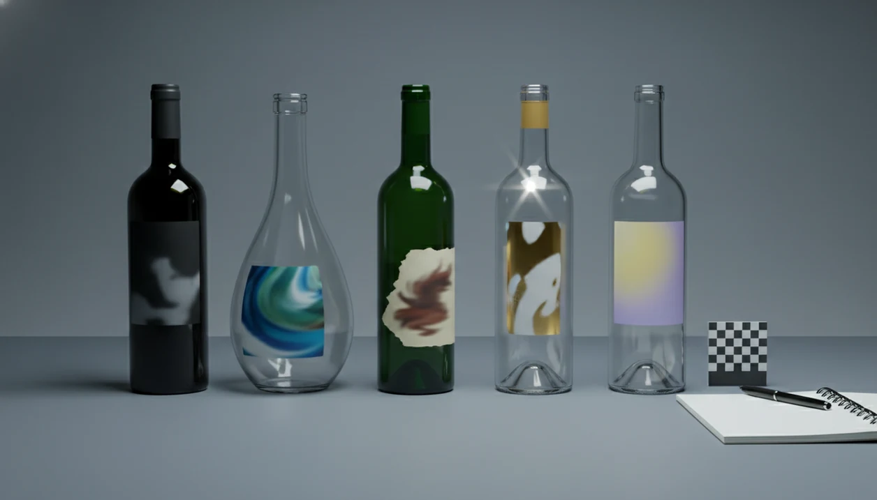 Five wine bottles show different label scanning challenges in a neutral testing setup.