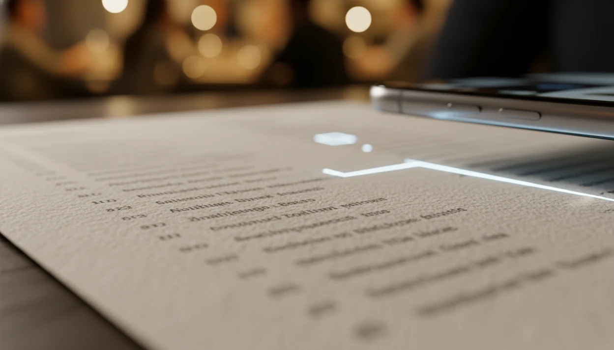 A phone camera lens hovers over a blurred wine list with subtle scanning light across the page.