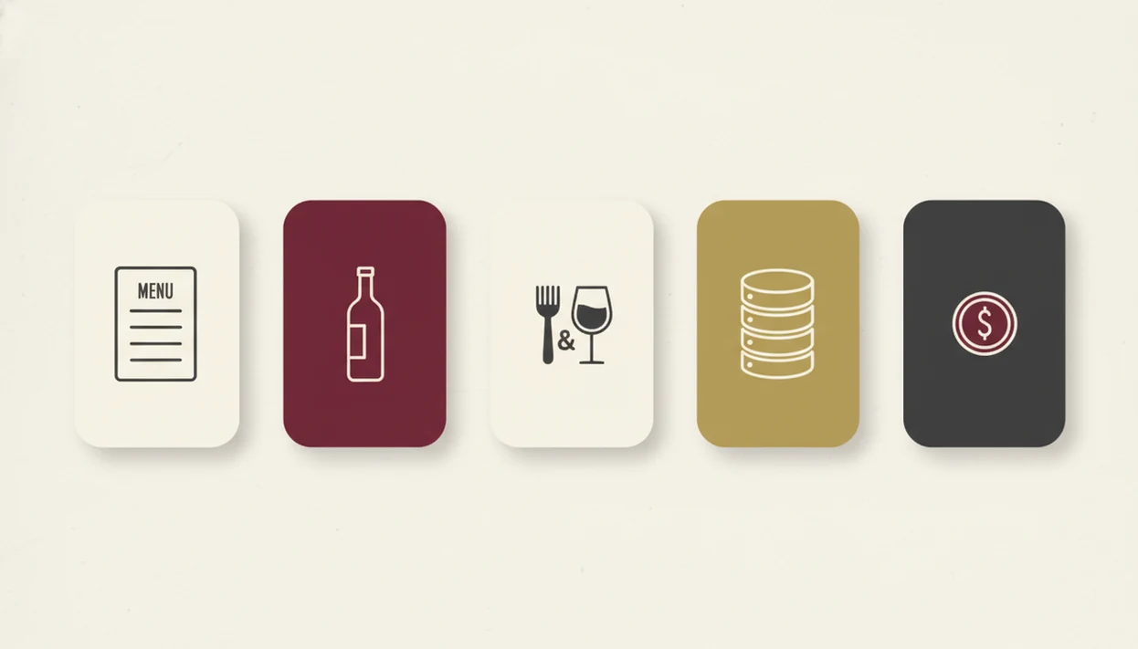 An abstract comparison graphic shows five wine app cards with icons for scanning, pairing, and pricing.