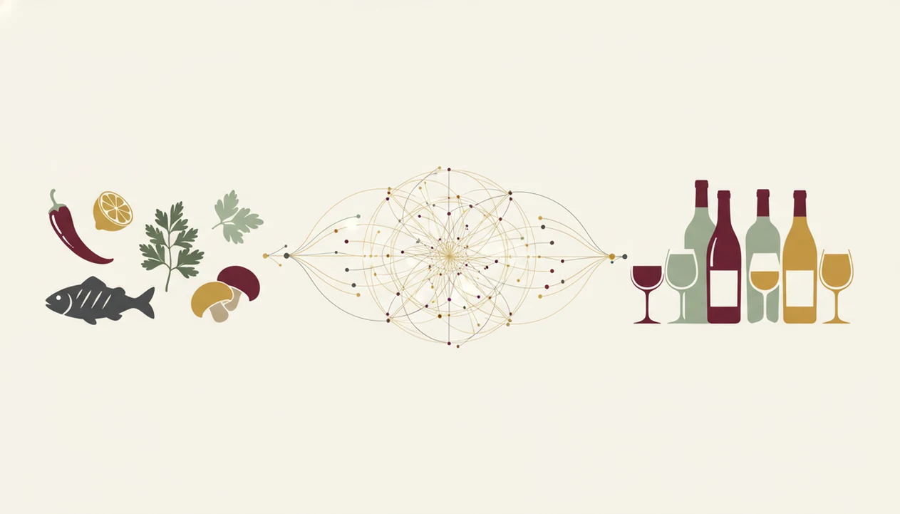 An abstract diagram connects ingredients and cooking cues to different wine bottle choices.