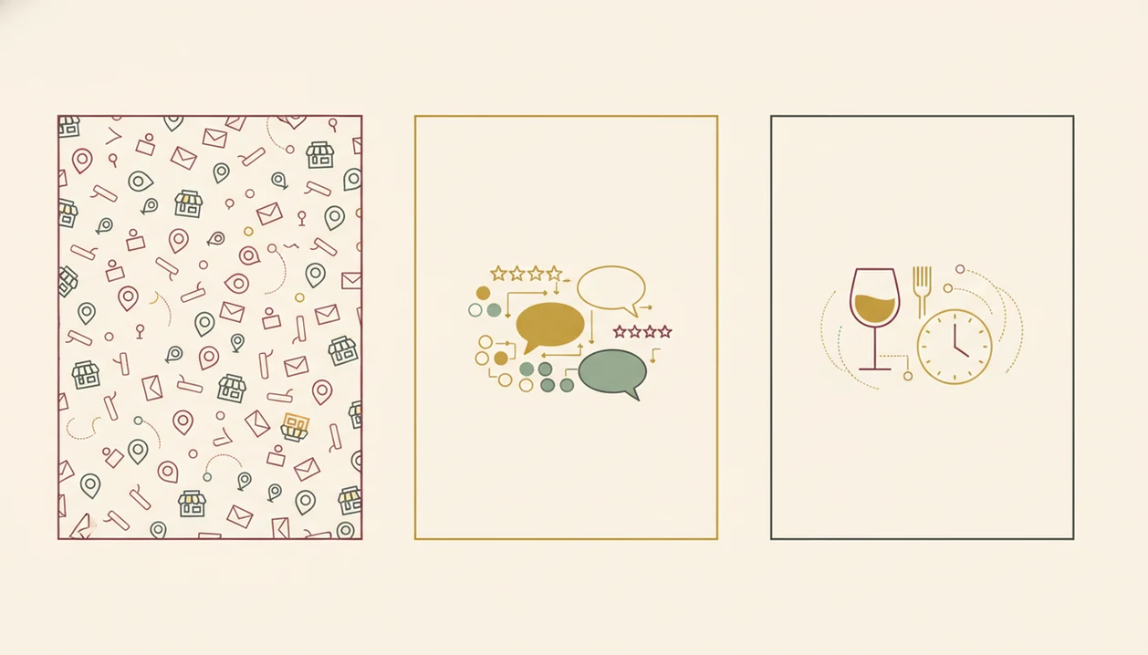 A wordless three-panel graphic compares retailer coverage, crowd ratings, and sommelier context.