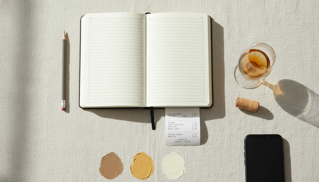 A blank tasting journal, pencil, wine glass, cork, and phone sit ready for recording a bottle.
