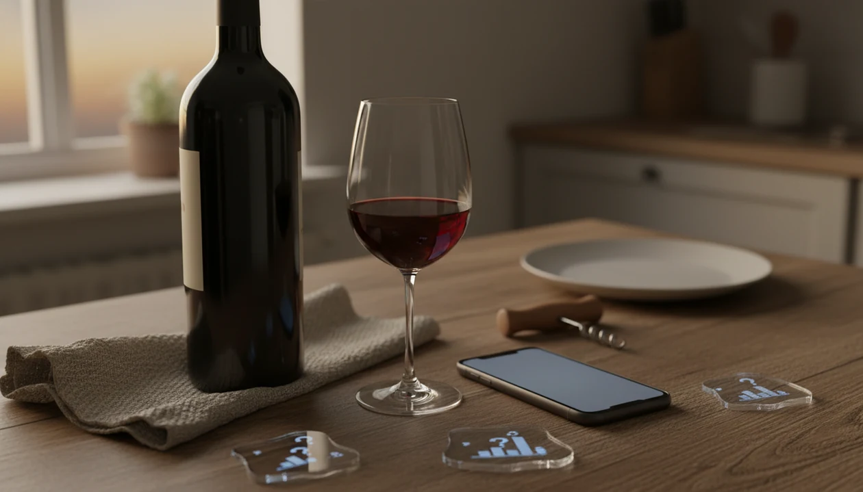 A wine bottle, glass, and glowing phone sit together with abstract uncertainty markers on a kitchen table.