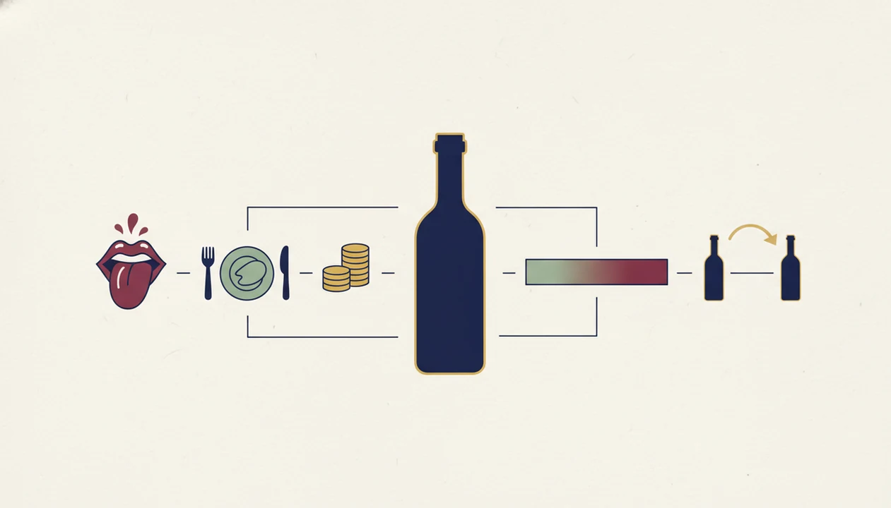 A simple diagram shows wine fit checks for flavor, food, budget, confidence, and similar bottles.