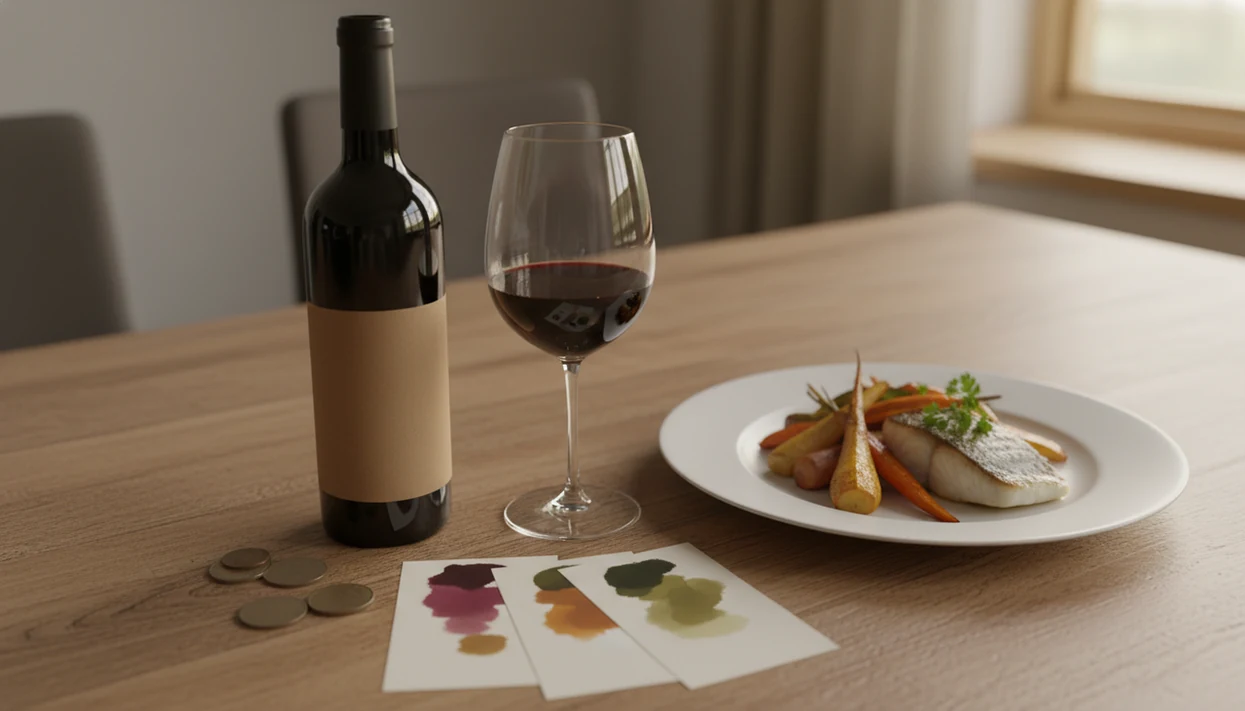 A wine bottle, dinner plate, glass, coins, and blank tasting cards arranged for a fit check.