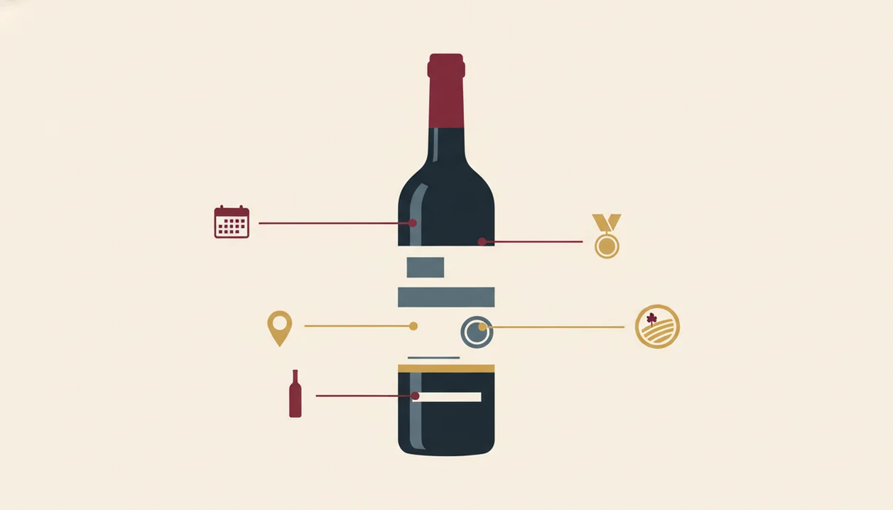 A clean diagram shows blank wine label zones linked to value-related icons around a bottle.