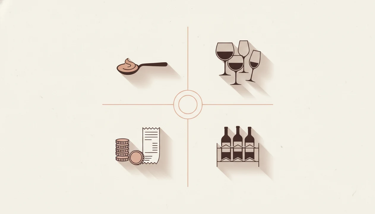 An illustrated four-part pairing diagram showing menu, guests, budget, and bottles on hand.