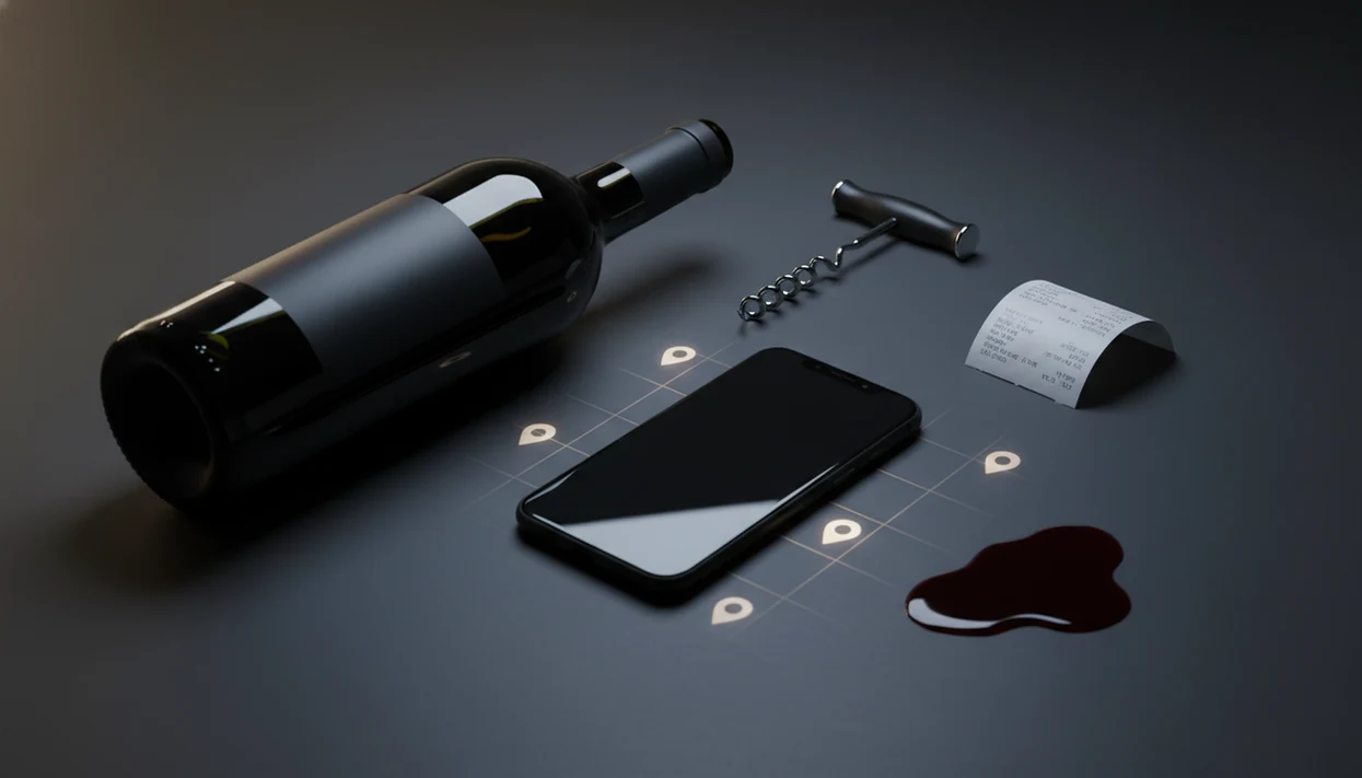 A wine bottle and blank phone sit under subtle map-pin light patterns suggesting scan location data.