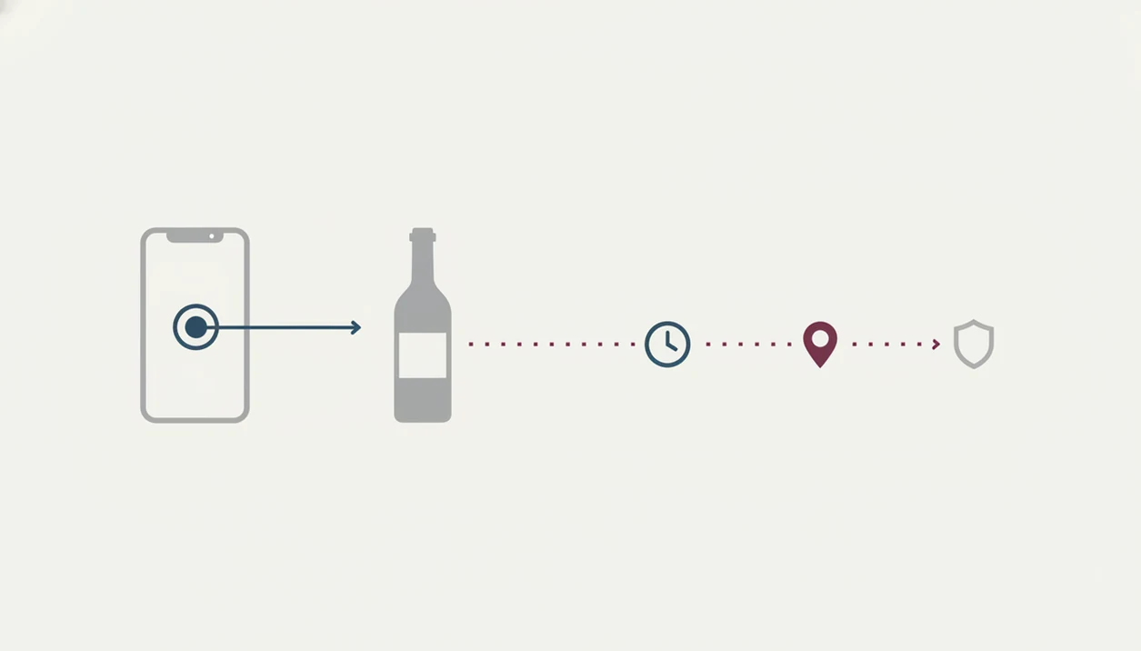 A simple diagram shows a wine scan connecting to time, location, and privacy protection symbols.