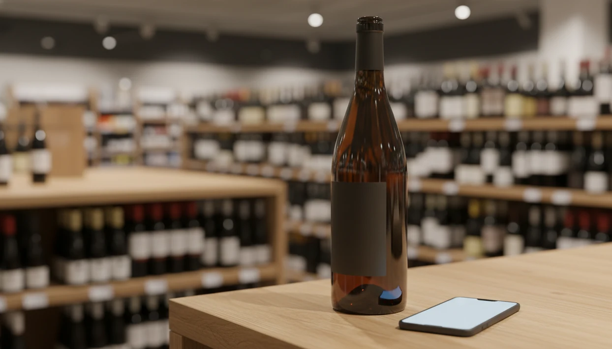 A smartphone and wine bottle on a shop shelf suggest using AI to identify wine before buying.