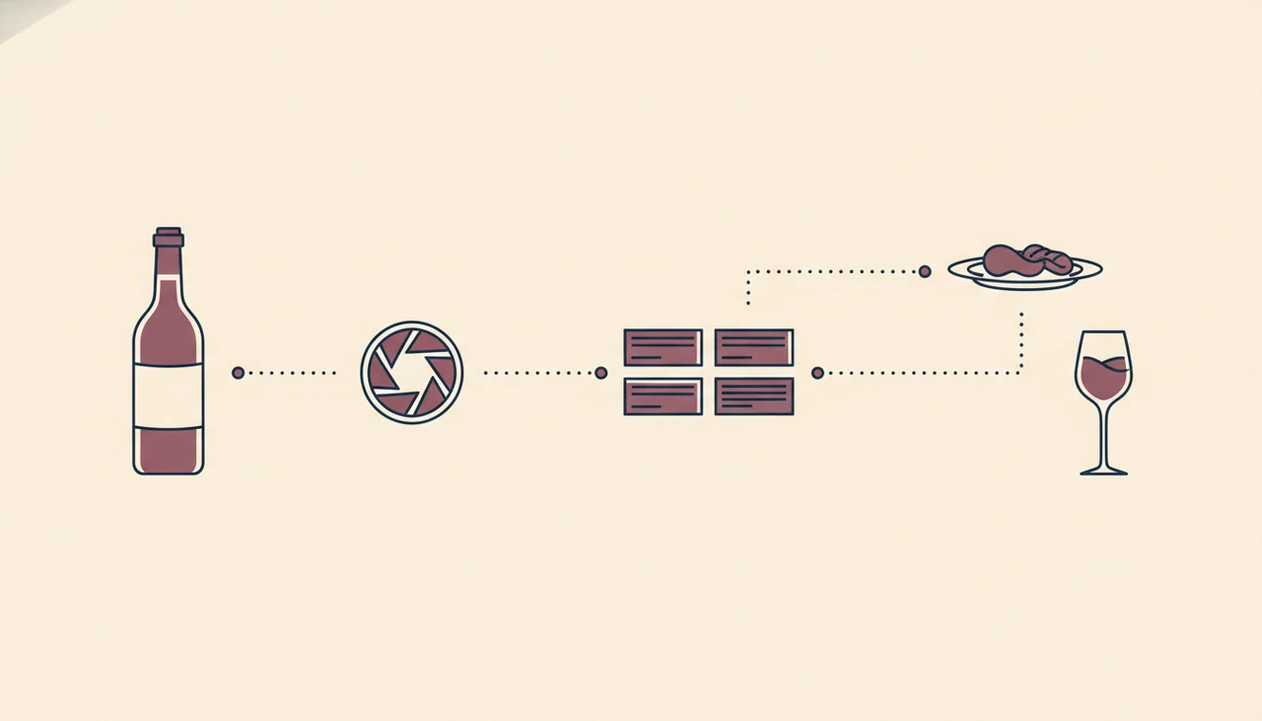 A simple diagram shows wine label scanning flowing into database matching, pairing, and tasting outputs.