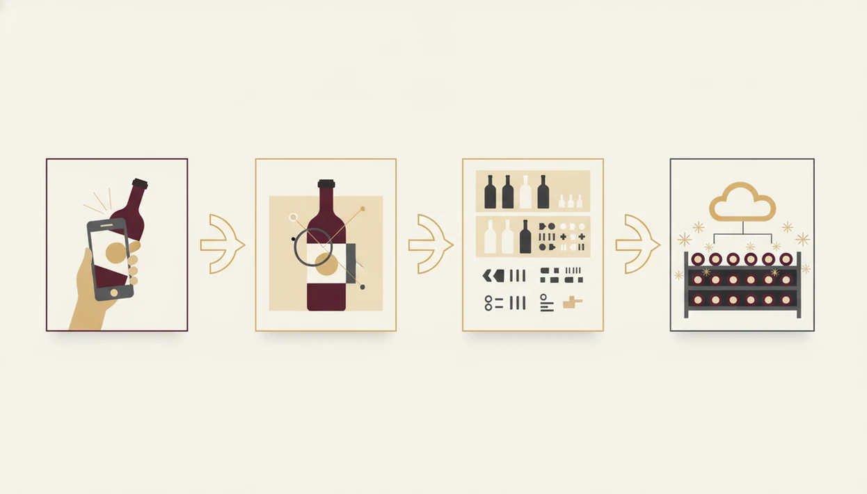 A clean diagram shows a wine label scan becoming structured cellar data and cloud inventory.