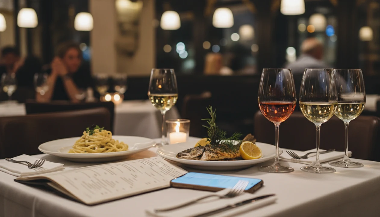 A restaurant table with food, wine glasses, a blurred wine list, and a phone suggesting help choosing wine.