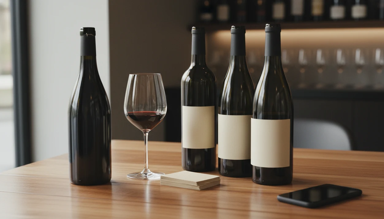 A premium wine bottle sits beside cheaper alternatives, a red wine glass, blank tags, and a phone.