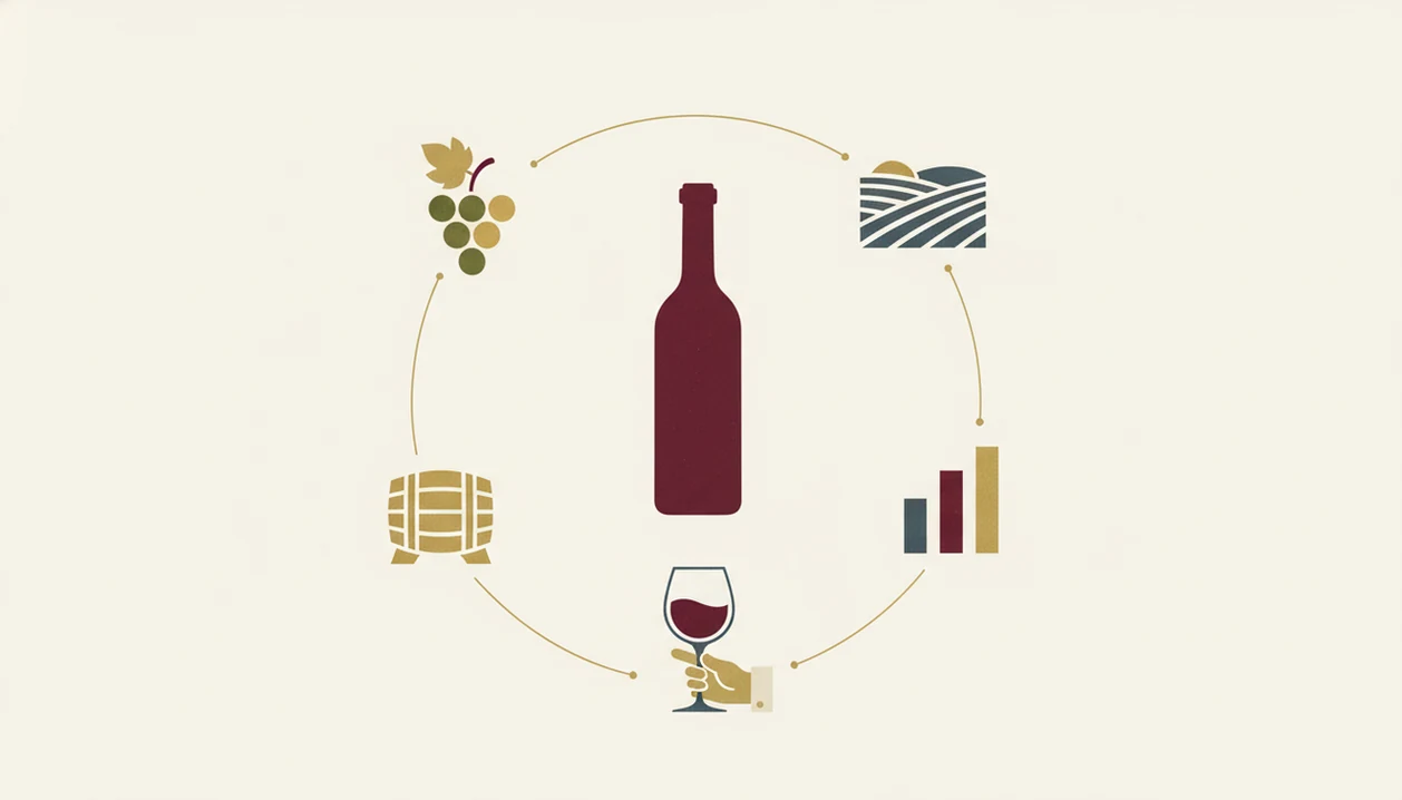A clean diagram shows grape, region, structure, oak, and producer style feeding into one wine bottle.