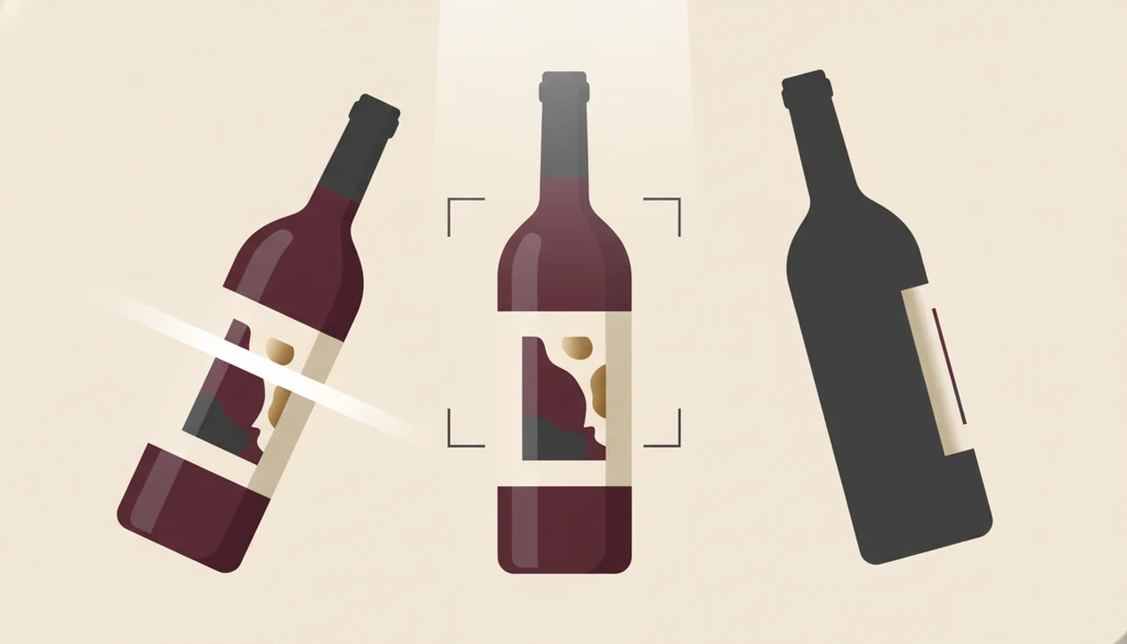 An illustration compares a clear wine label photo with tilted, glared, and cropped label shots.