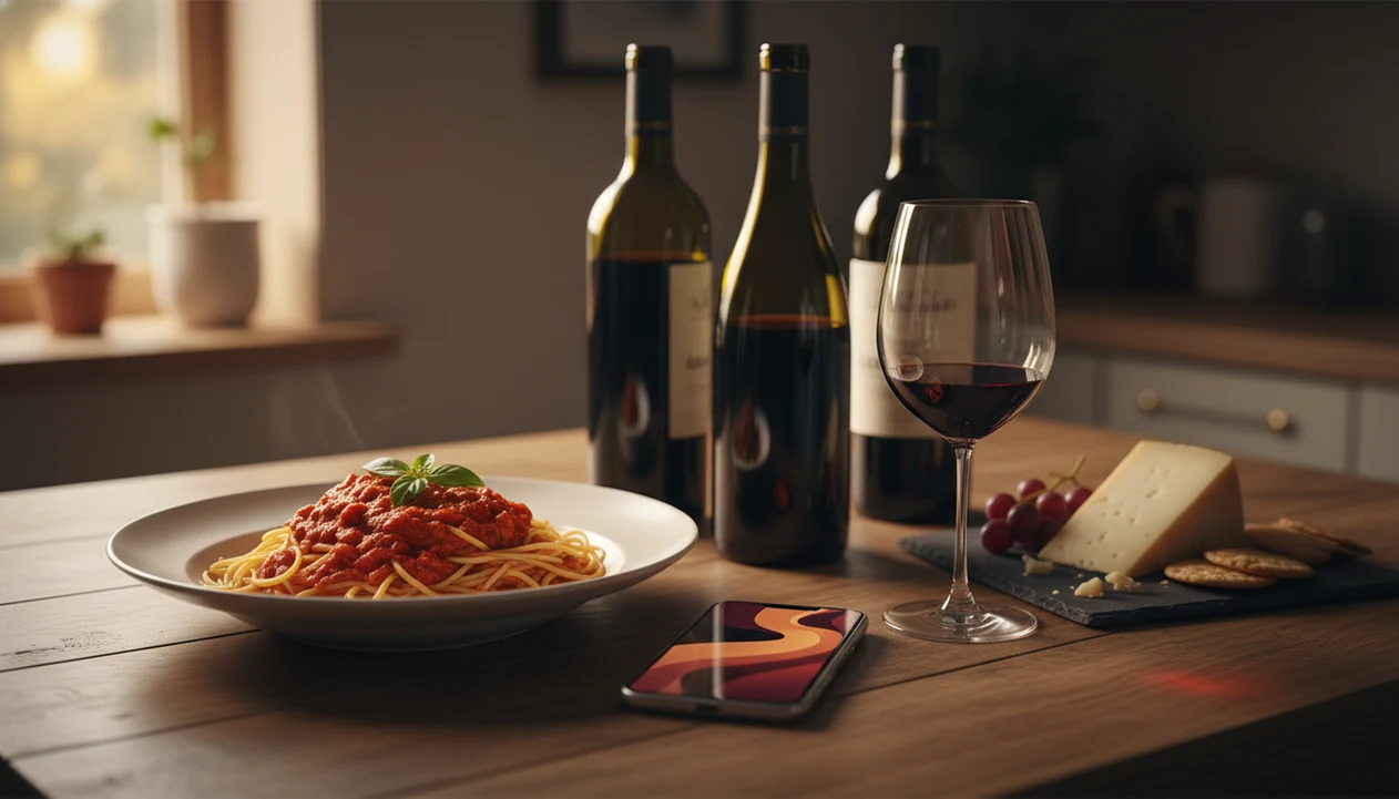 A kitchen counter shows wine bottles, dinner plates, and a phone suggesting app-based pairing choices.
