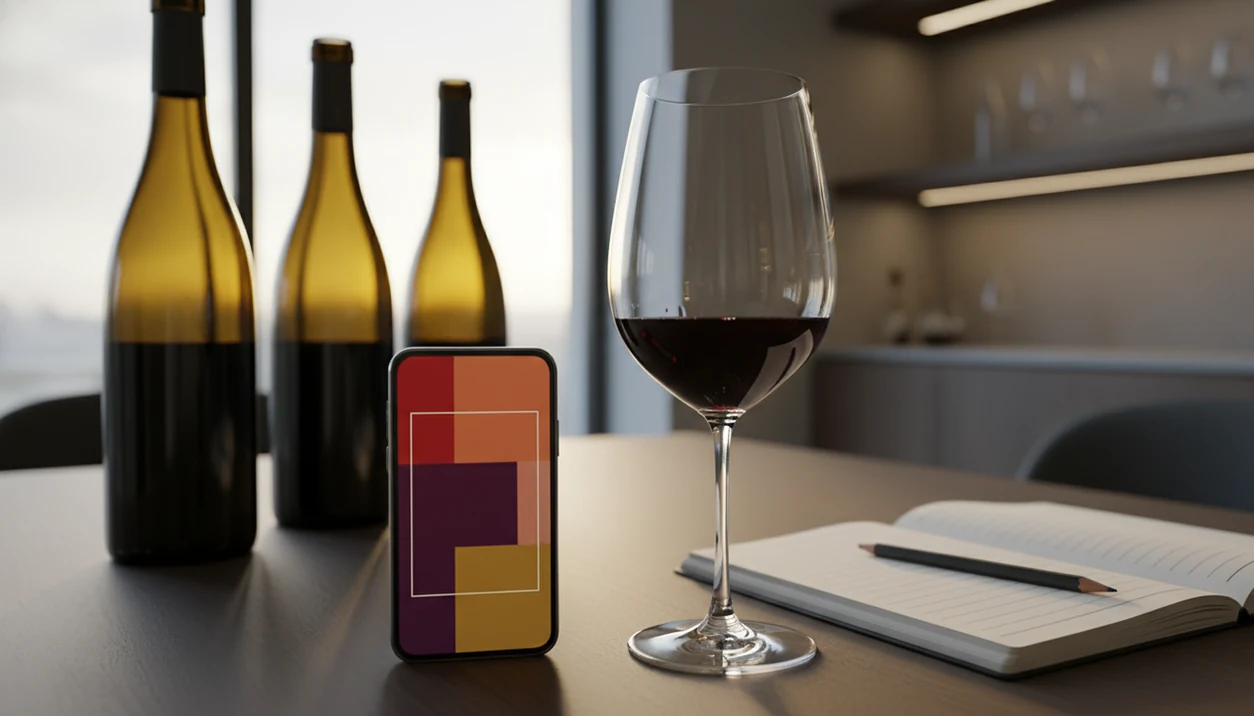 A phone, wine bottles, notebook, and glass arranged for comparing free wine tasting note apps.