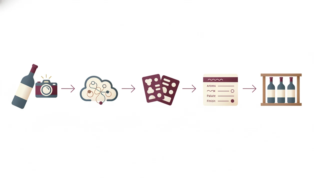 A simple visual workflow shows label scanning, matching, tasting notes, and saved wine records.