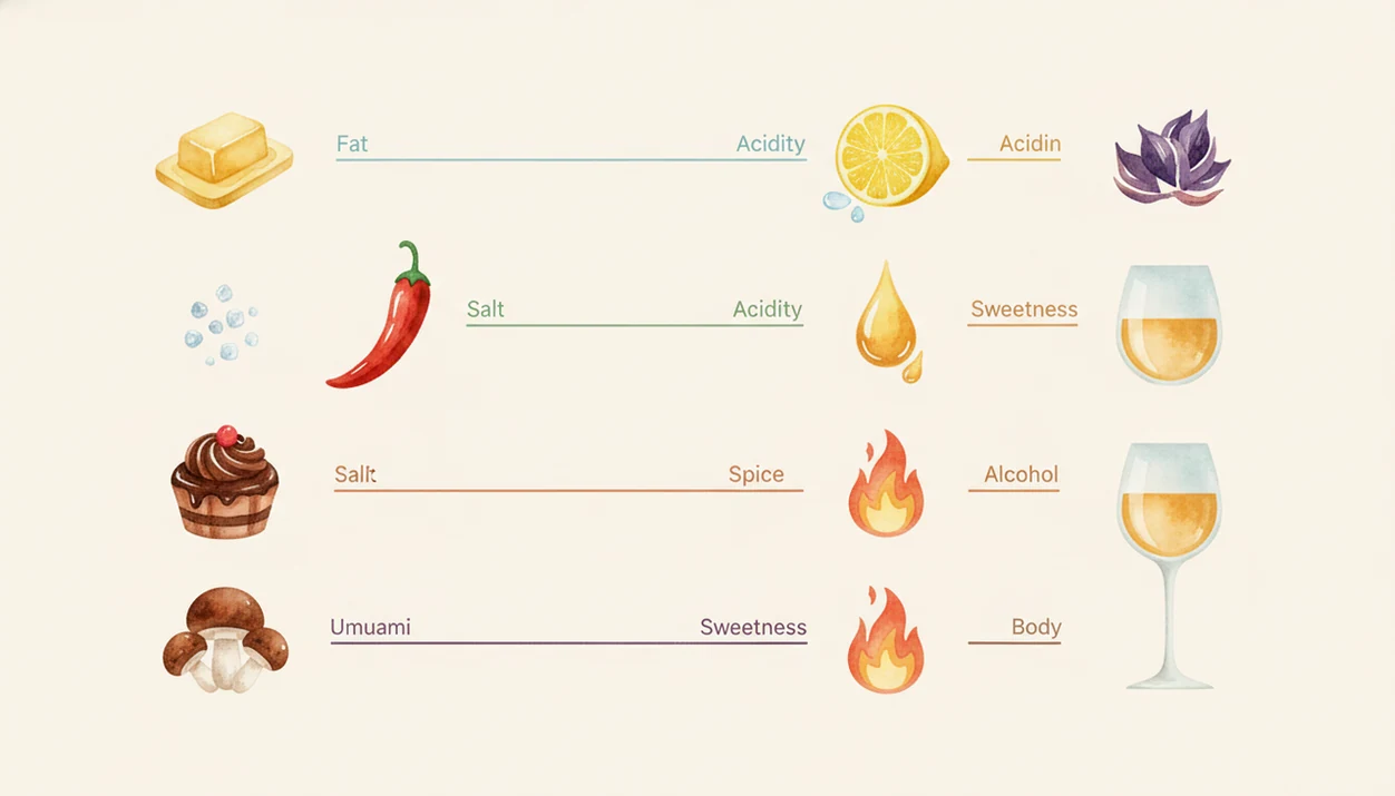 An illustrated pairing map connects food traits like fat and spice with wine traits like acidity and sweetness.