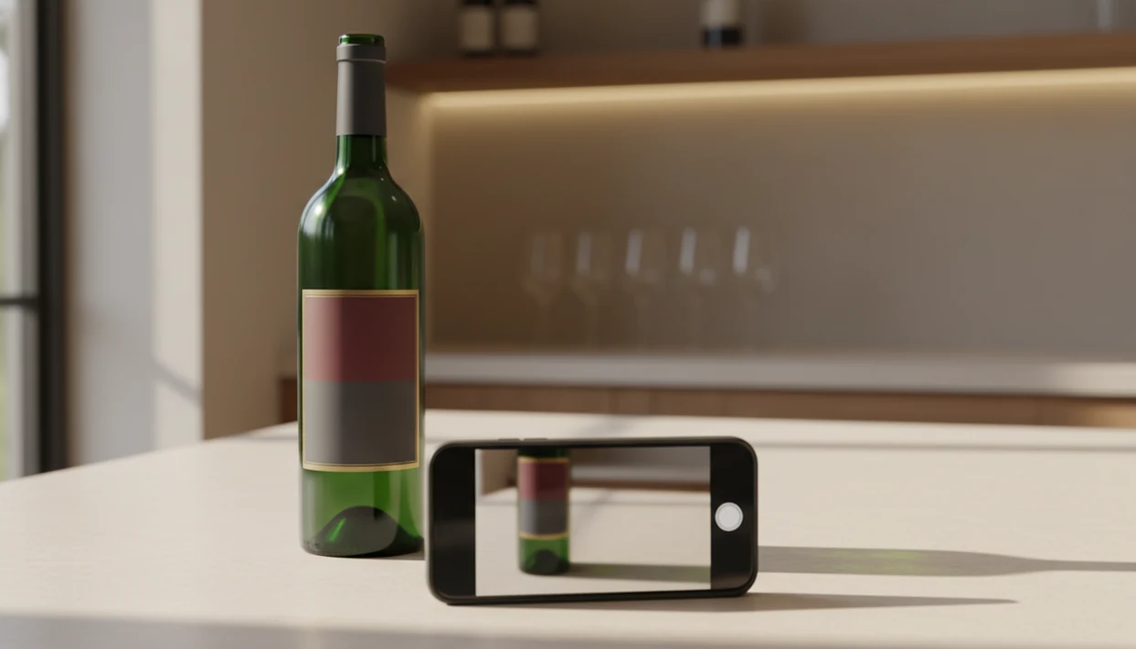A phone camera is aimed at a wine bottle label in soft kitchen light for a clean scan.