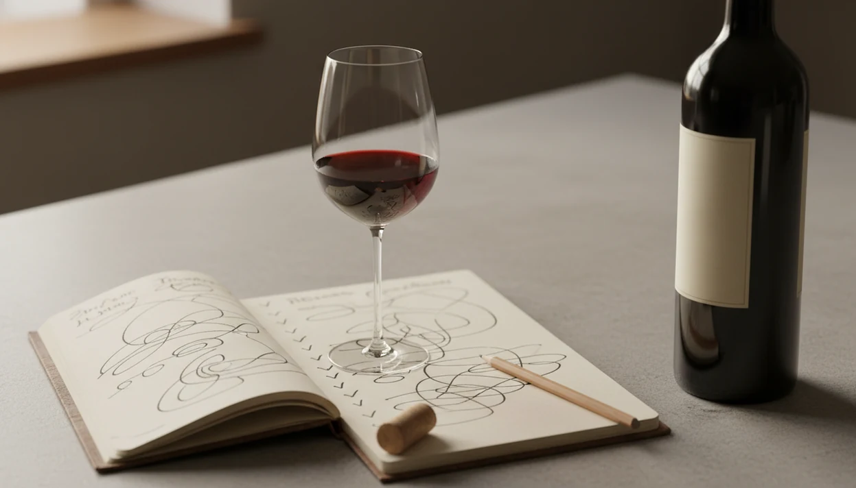 A wine glass, cork, pencil, and open notebook arranged for writing beginner tasting notes.