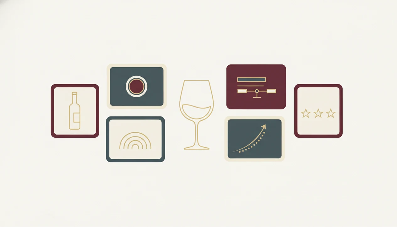 A clean visual template shows the six parts of a wine tasting note around a glass icon.