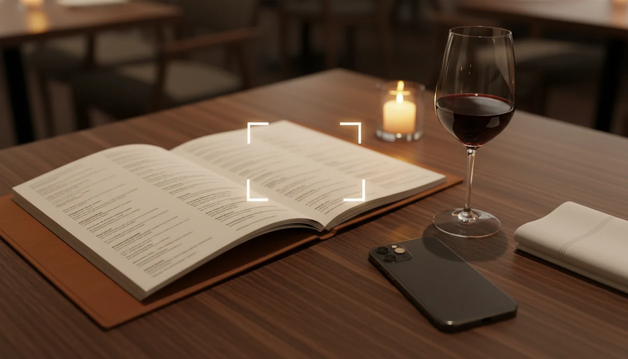 A phone scans a blurred restaurant wine menu on a candlelit table beside a glass of red wine.