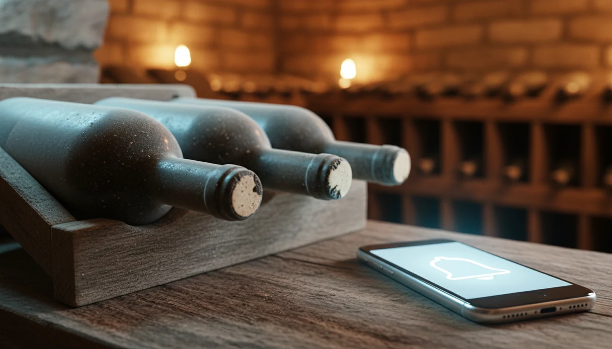 Dusty cellar bottles sit beside a phone showing an abstract reminder glow.