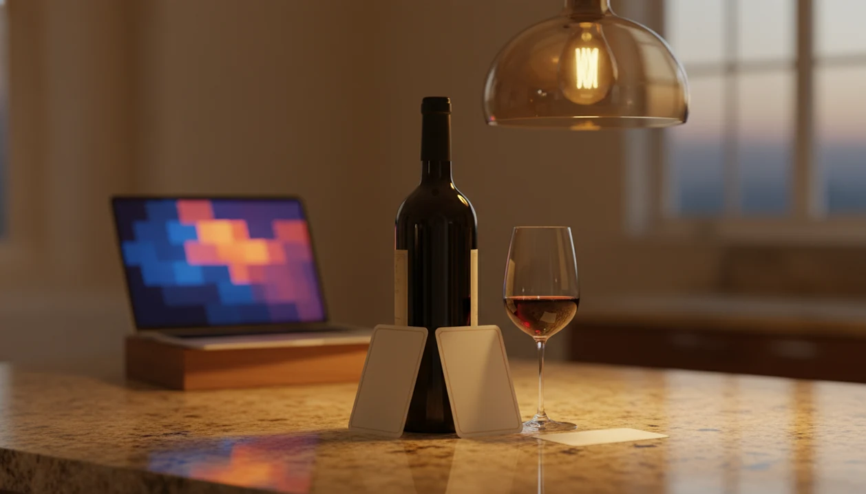 A wine bottle, glass, and blank price cards suggest comparing bottle prices across retailers.