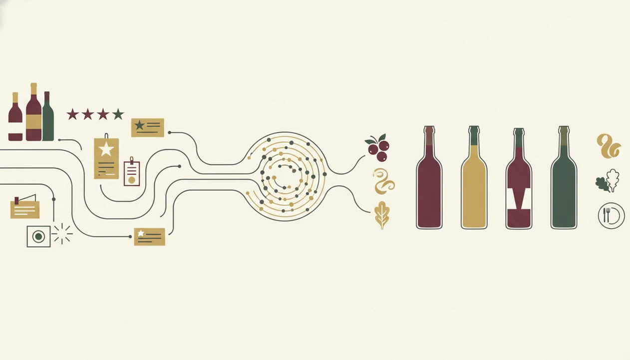 An abstract diagram shows ratings, notes, and scan data flowing into personalized wine recommendations.