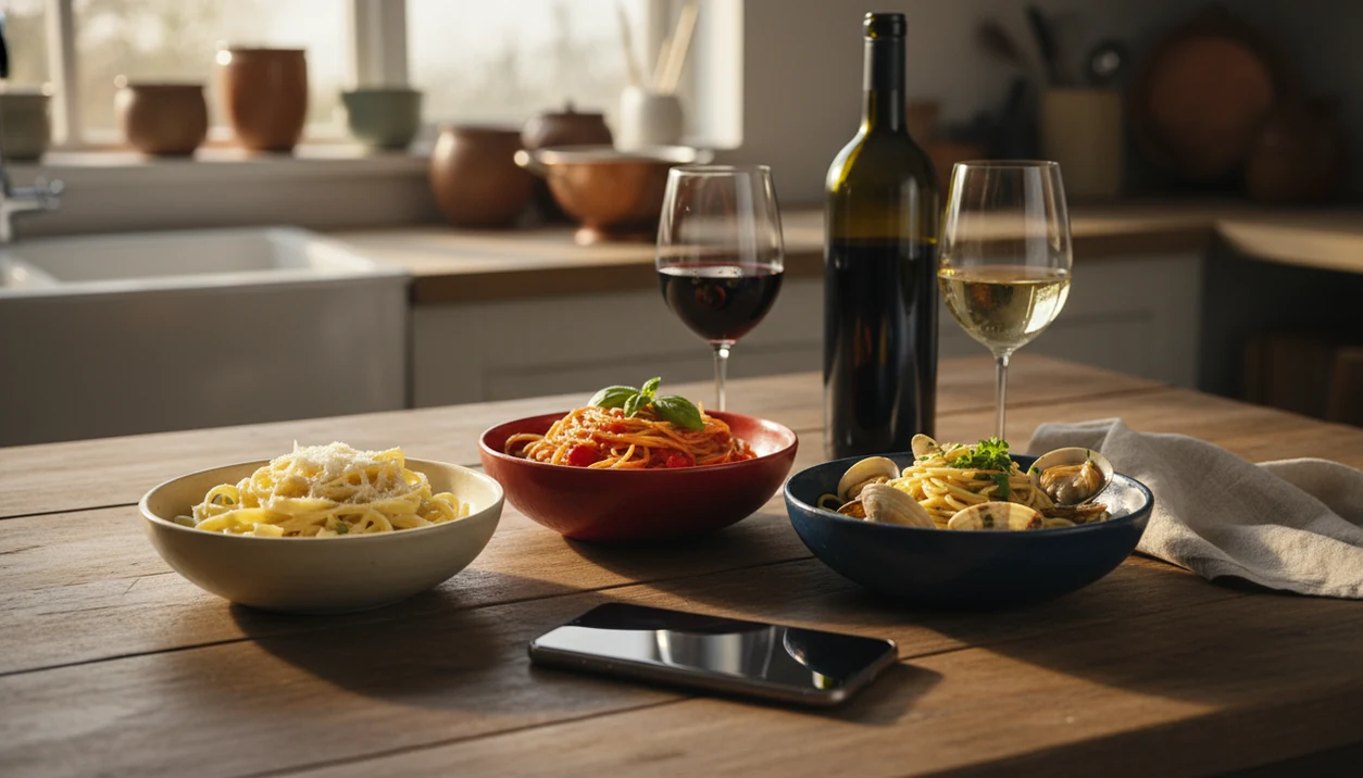 Three pasta sauces sit with red and white wine glasses beside a blank phone on a kitchen table.