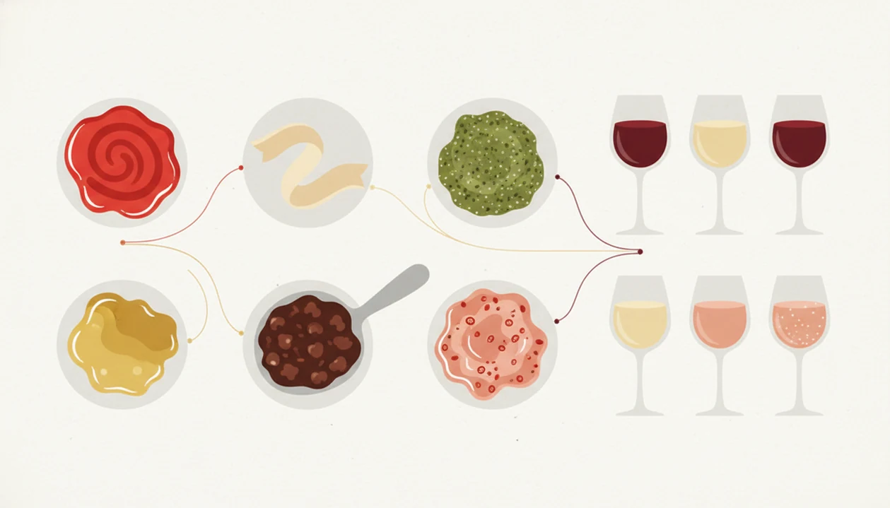 A wordless sauce-first pairing chart links six pasta sauce colors to different wine glass styles.