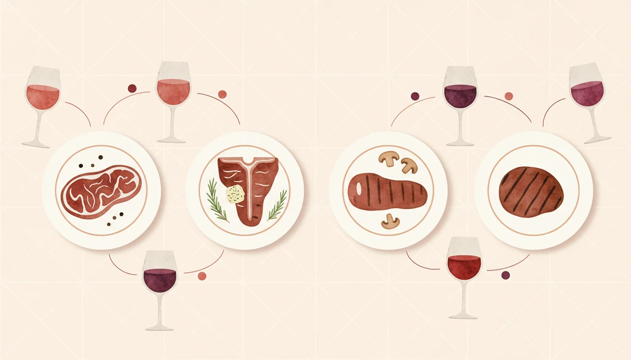 An illustrated pairing map connects different steak cuts and sauces with varied red wine styles.