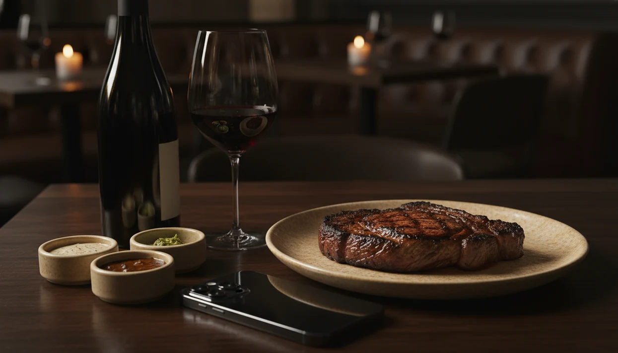 A seared ribeye, red wine, sauces, and a smartphone suggest app-guided steak pairing.