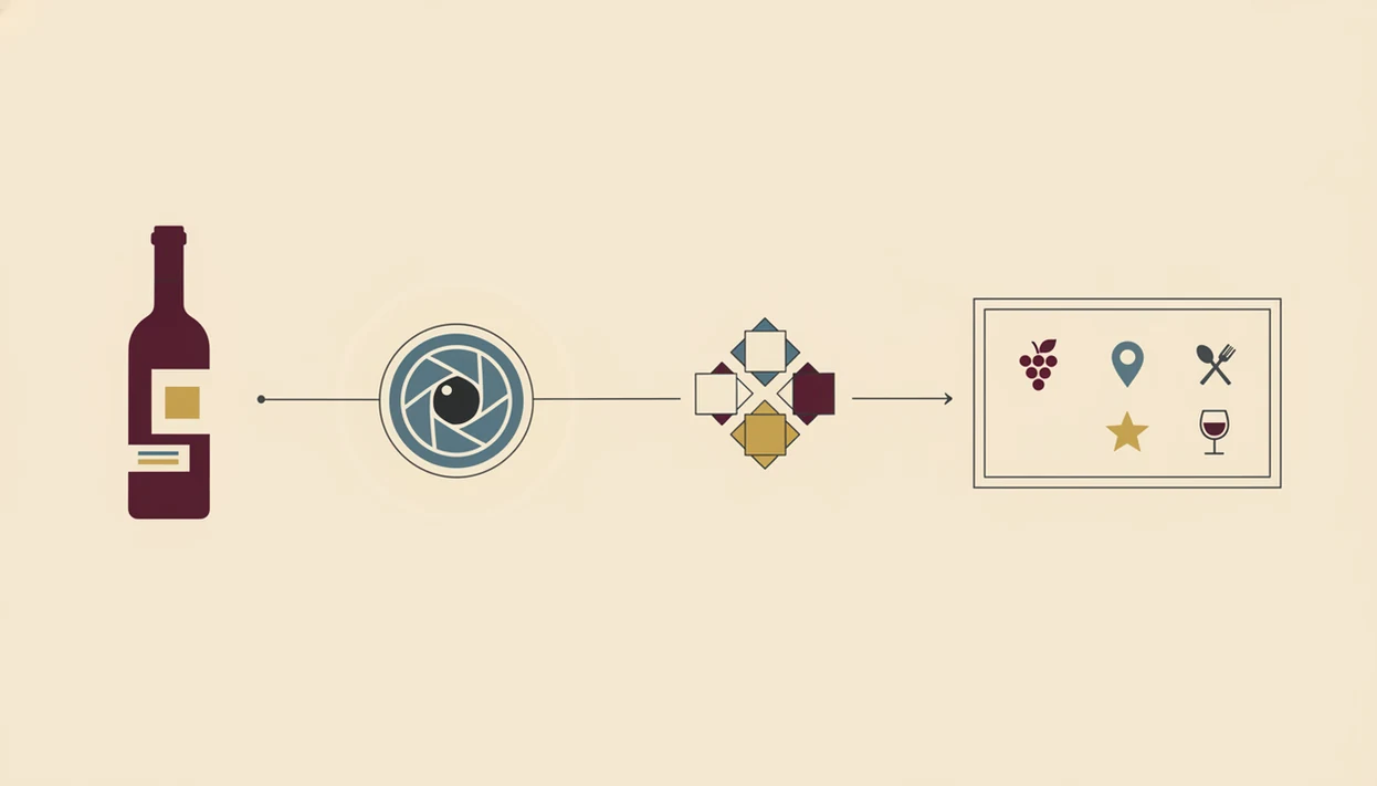 A simple diagram shows a wine label photo becoming database matches and pairing details.