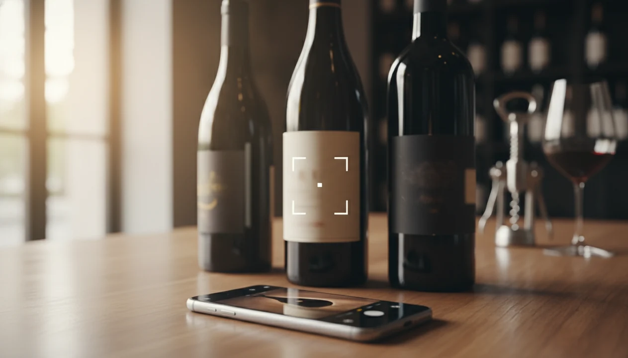A smartphone camera points at several wine bottles on a tasting counter to identify their labels.